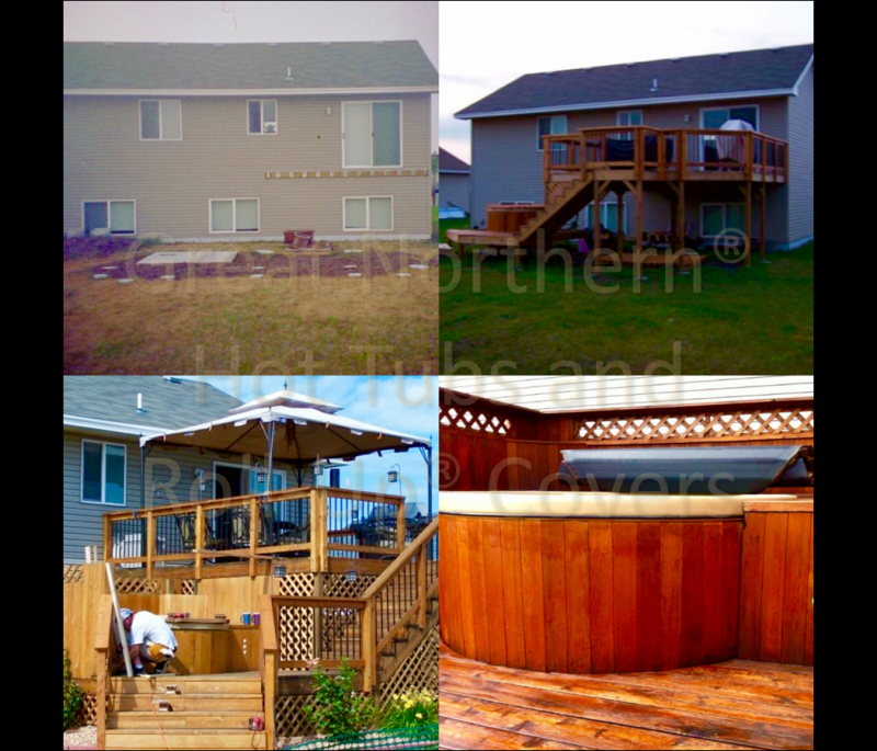 <p>Two-story deck attached to the back of a two-story house with a round hot tub built into the stairway landing, as it descends to the ground.</p>